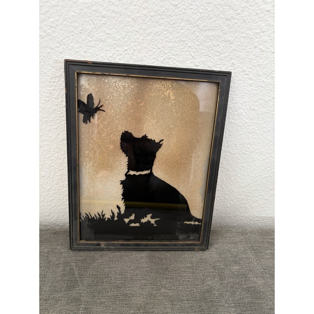 Small Vintage Framed Silhouette Scottie Dog Picture Flat Glass Reverse Painted